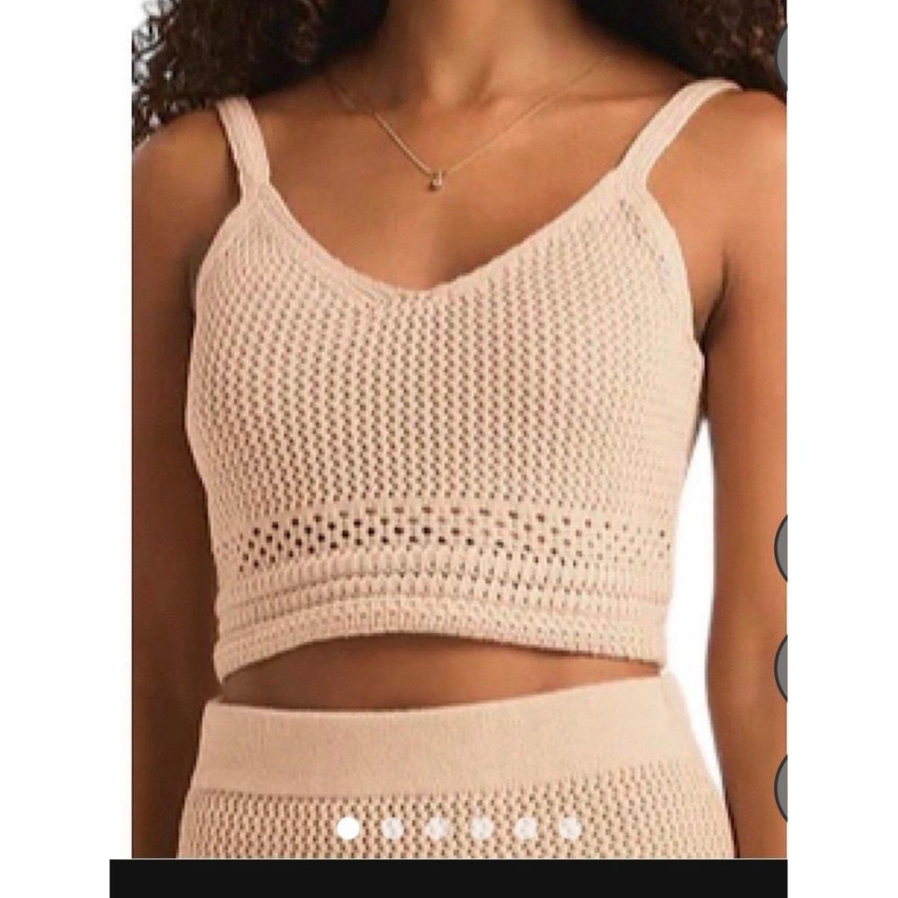 Beige Crochet Knit Crop Tank Top Boho V-Neck Cami Beach Festival Neutral